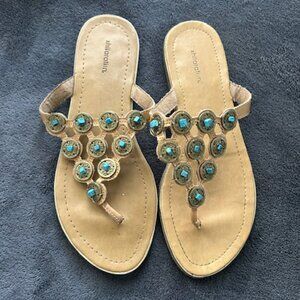 Xhilaration Women's 8 Tan, Faux Turquoise Beads Flat Sandals